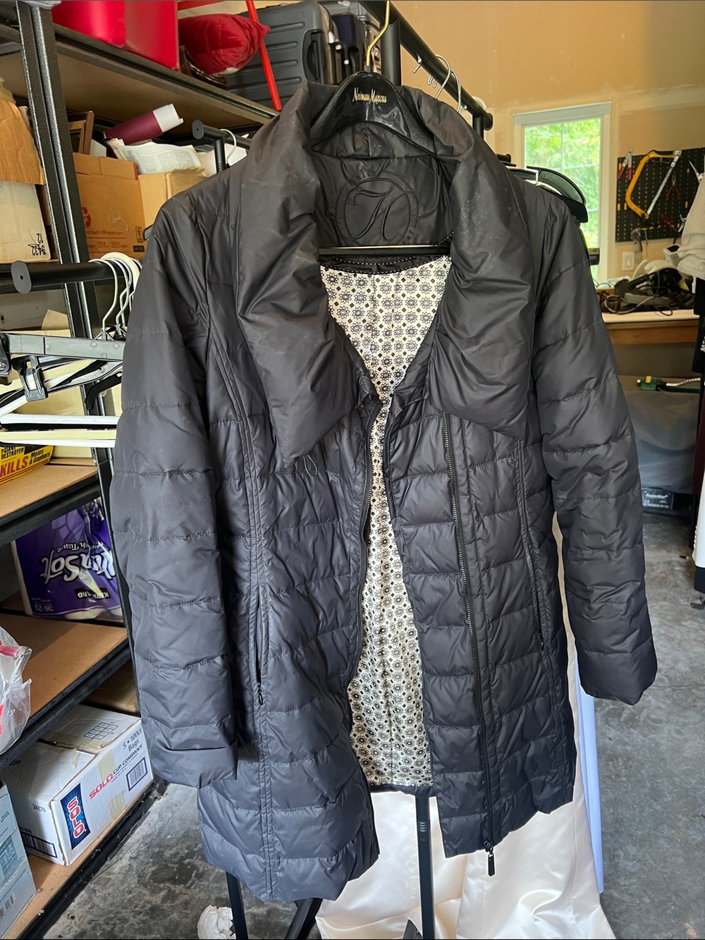 Women's Black Quilted Long Puffer Coat with Wide Collar